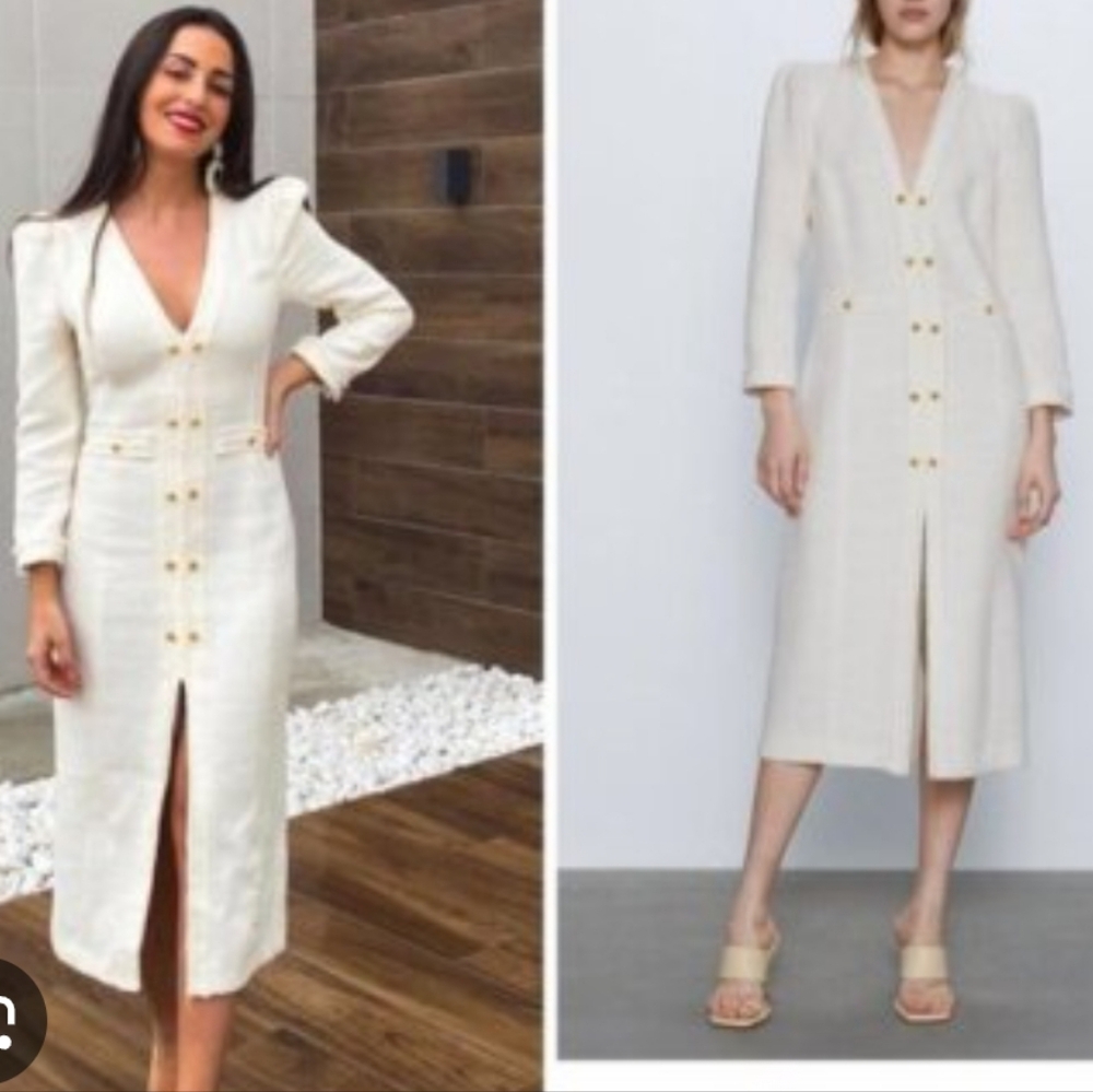 Zara Cream Tweed V-Neck Dress